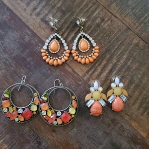 3 Pair Gold Tone Orange, Yellow & Rhinestone Dangle Earrings